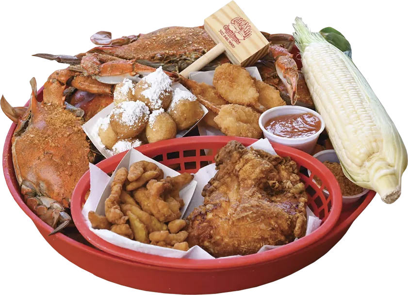 a red basket filled with lots of food