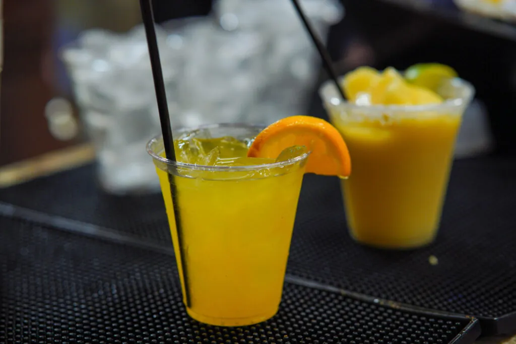 two glasses filled with orange juice and garnish